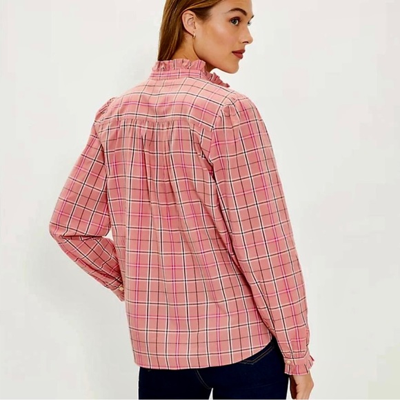 Loft Rose Pink Plaid Ruffle Neck Button Down Long Sleeve Shirt - Picture 3 of 15